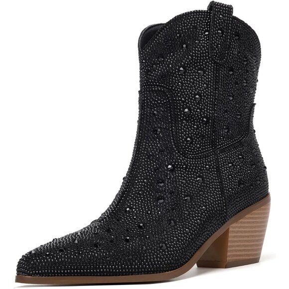 Women Black Rhinestone Western Cowboy Boots Pointed Toe Mid Heel Fashion - Picture 1 of 8